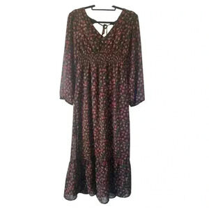 Indulge Women's Floral Smocked V Neck Bell Sleeve Fairy Goth Maxi Dress Sz Large